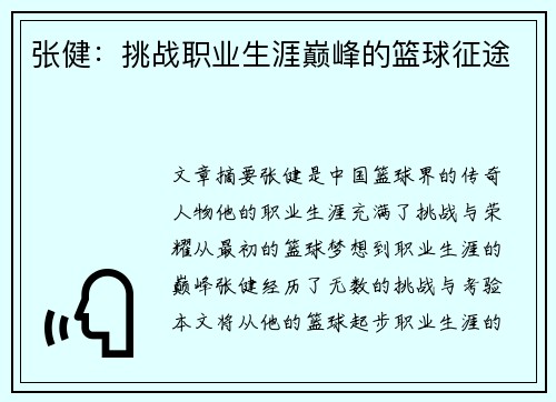 张健：挑战职业生涯巅峰的篮球征途